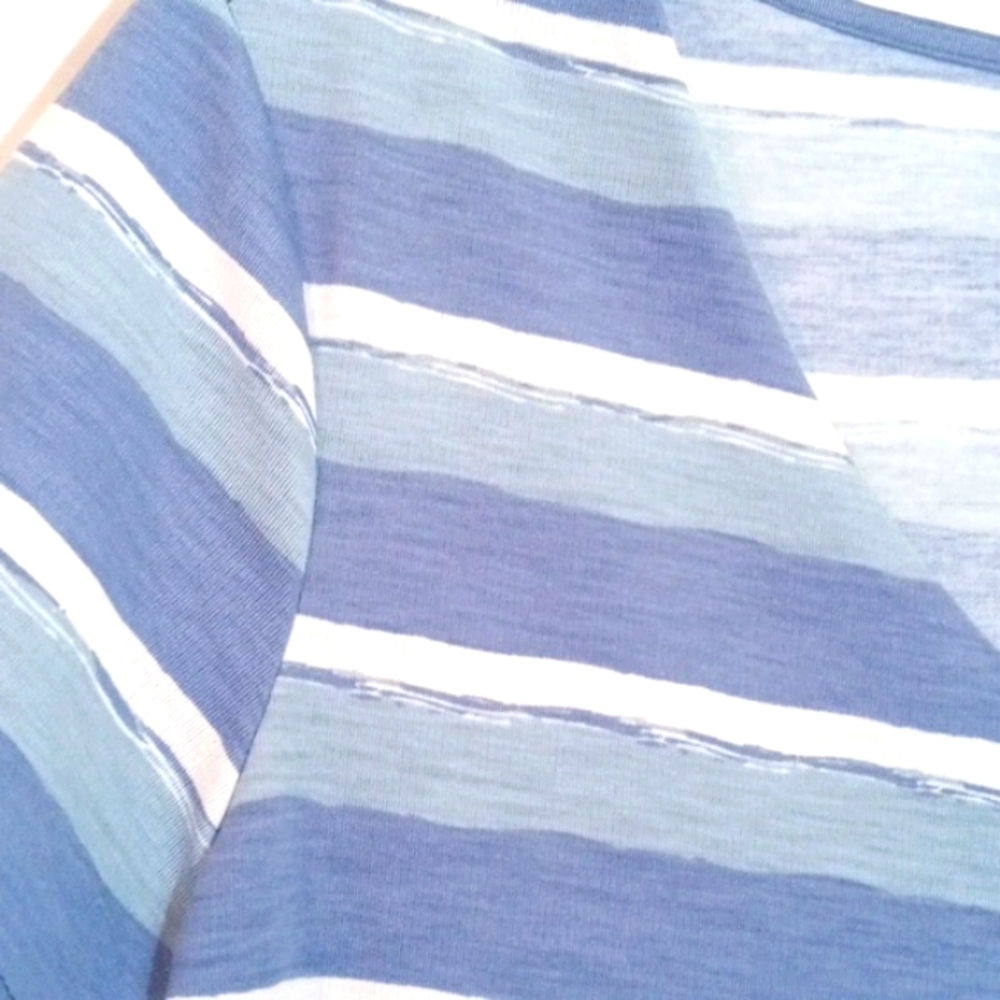 TRU SELF BLUE WHITE STRIPE V-NECK TWO BUTTON RELAXED FIT TOP SIZE SMALL NWT - Picture 3 of 5